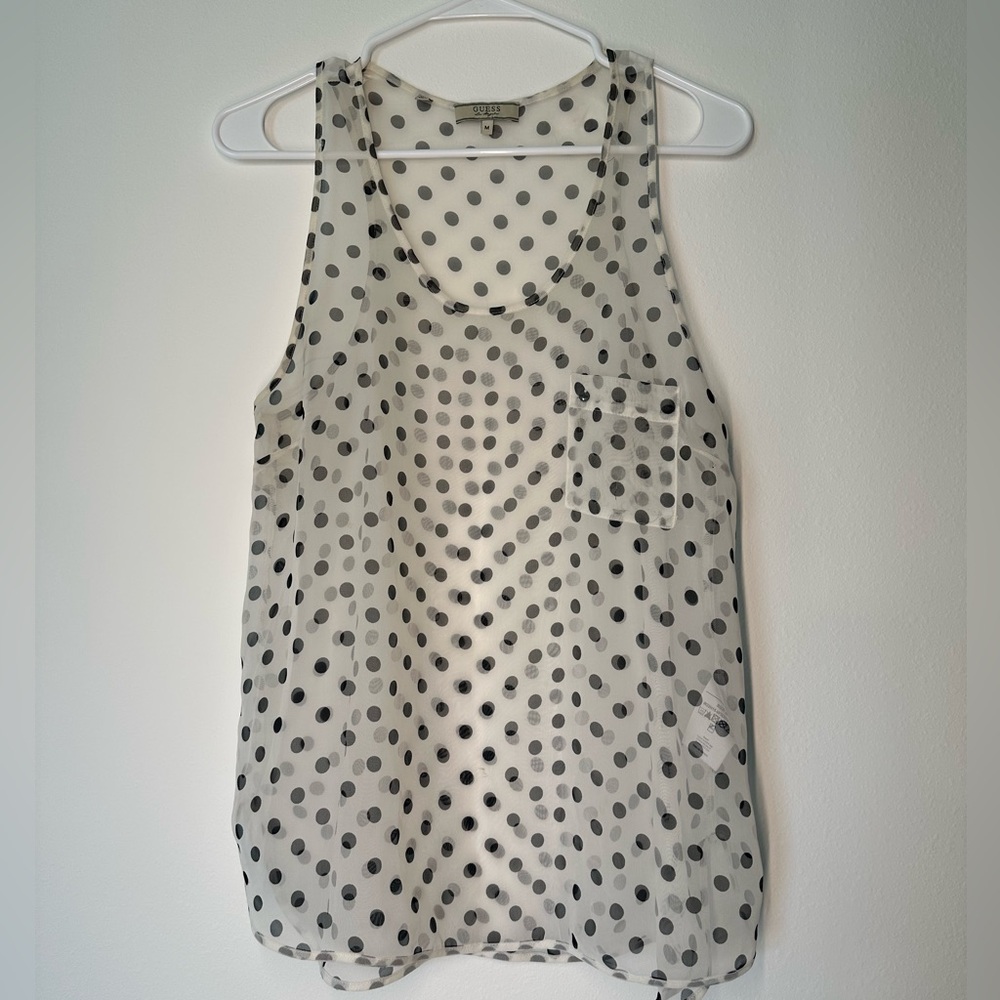 Guess women’s sheer black and white polka dot tank top size medium
